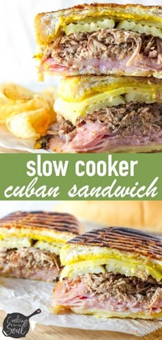 two sandwiches stacked on top of each other with the words slow cooker cuban sandwich