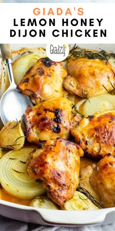 chicken with lemon and rosemary in a white casserole dish