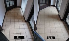 the before and after pictures of a tile floor cleaning job in an office building,