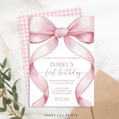 a pink bow birthday party card with gingham checkered background and text that reads, please join us to celebrate