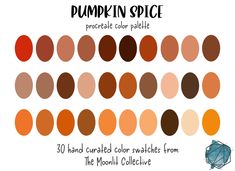 the pumpkin spice color palette is shown in various shades and sizes, including oranges, browns