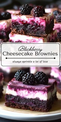 blackberry cheesecake brownies are stacked on top of each other and topped with blackberries