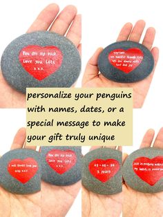 hand holding three rocks with red hearts on them and the words, personalize your penguins with names, dates, or a special message to make your gift truly unique