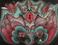 a drawing of two bats with red eyes and wings on their backs, surrounded by other creatures