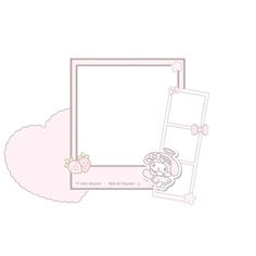 a pink photo frame with a teddy bear and strawberry on the bottom, next to it is