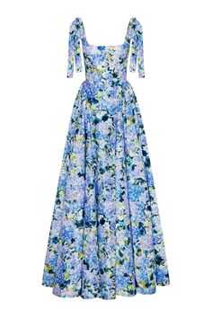 Blue Hydrangea strapped maxi dress Floral Evening Gown Haute Couture, Blue Hydrangea Dress, Blue Floral Gown, Floral Sleeve Dress, Hydrangea Dress, Casual Floral Dress, Milla Dresses, Bow Straps, Blue Summer Dress