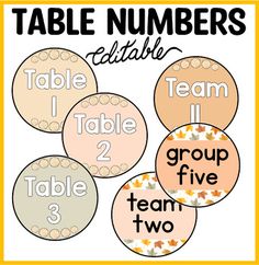 the table numbers are shown in four different colors and font options for each group, including two