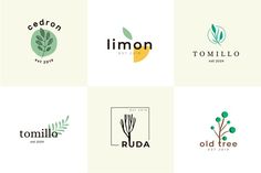 six different logos with leaves and plants on them