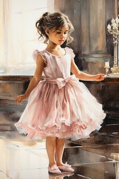 "In \"Enchanted In Pink,\" a little girl captures hearts with her innocence and grace as she dons a pretty pink dress. With gentle brushstrokes and delicate hues, the artist brings her radiant spirit to life on the canvas. We pour our passion and skill into each portrait, meticulously crafting every detail to portray the unique personality, emotions, and relationships of the subjects. Whether it's a beloved family member, a cherished pet, or a special moment frozen in time, our watercolor portraits breathe life into the paper, evoking feelings of joy, nostalgia, and love. At Castle By Sea, we believe that every portrait should be as unique as the individuals it portrays. This is a digital download. Included in the package, you will receive your selected painting in six different sizes: 4\" Princess Portrait Painting, Print Shop Ideas, Rose Flower Fairy, Art Childhood, Kid Dress With Rose, Pretty Pink Dress, Pink Toddler Dress, Little Blonde Girl, Dress Watercolor