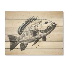 a fish painted on wooden planks with black and white ink, it's head is