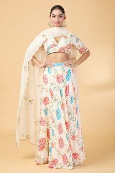 Off white yoke blouse with floral print and aari, zardosi embroidery. Paired with coordinating lehenga and scallop hem dupatta. - Aza Fashions Lehenga Pattern, Zardosi Embroidery, Scallop Hem, Silk Organza, White Silk, Scalloped Hem, Embroidered Blouse, Set For Women, Aza Fashion