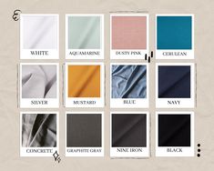 an image of different colors of fabric on a white background with text that reads, aquamarine, dusty pink, silver, blue, black, and grey