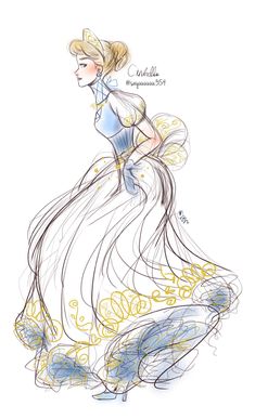 a drawing of a woman in a blue dress with yellow accents on the skirt and her hair