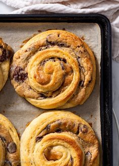 freshly baked chocolate chip cinnamon rolls on a baking sheet, ready to be eaten for breakfast