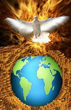 a white dove flying over the earth with fire in the air and on top of it