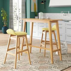 two stools sitting at a table in a kitchen