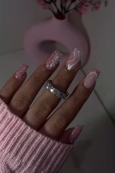 Cute pink nails with glitter and flowers #cute #pink #glitter #glitternails #flowers #flowerstagram #nailart #nails #nailsofinstagram #naildesign #ring #rose #girl Pink Nails Short Glitter, Bday Nails Pink, Birthday Nails 13, 16th Birthday Nails Sweet 16, Baby Pink Nails With Rhinestones, Baby Shower Nails Girl, Pink Nails With Glitter, Nail Art Rose, Baddie Stuff