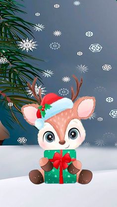 a little deer with a christmas hat and scarf holding a present box in front of snowflakes