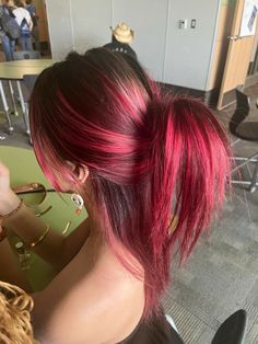 Hair Colours Ideas For Brunettes, Dyed Hair Inspiration Colorful, Magenta Halo Hair, Hair Color Ideas Dyed, Multiple Red Hair Color, Cute Hair Colors For Dark Brown Hair, Black Hair With Red And Pink Highlights, Y2k Haircolor Ideas, Dyed Hair Back Of Head