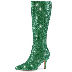 The whole sparkle boots create the perfect fit on the knee. They are styled with a sleek pointy toe, a stiletto heel, and a side zip. Pair these glittery heels with skirts or jeans for a chic night-out look to make you a queen at a party. It is great for going out. Glittery Boots, Sparkle Boots, Glittery Heels, Glitter Stilettos, Heel Knee High Boots, Sparkly Heels, Glitter Heels, Closed Toe Shoes, Rubber Heels