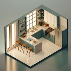 an aerial view of a kitchen and dining area in a model house with blue walls