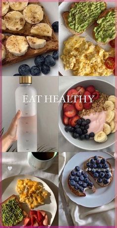 a collage of photos with different foods and drinks on them, including bread, fruit, eggs, berries, milk, and water