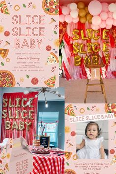 modern pink and red checkered slice slice baby pizza party First Slice Birthday Party, Slice Of Fun Turning One, Pizza Theme First Birthday, Slice Slice Baby Pizza Shower Decor, 1st Birthday Pizza Theme, Creative First Birthday Themes