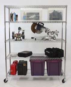 a metal shelving unit with various items on it