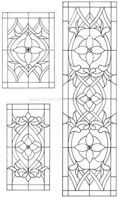 three different stained glass panels with designs