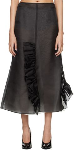 A-line semi-sheer organic silk organza skirt. Ruffled trim throughout. · Vented central seam at front and back · Vented side seams · Zip closure and darts at back · Fully lined Supplier color: Black Organza Midi Skirt, Organza Skirt, Sheer Skirt, Black Midi Skirt, Mid Length Skirts, Silk Organza, Ruffle Trim, Calf Skin, Apparel Accessories