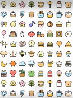 a bunch of different colored icons on a white background with the words hello kitty written in it