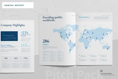 an open brochure with a world map on the front and back pages in blue