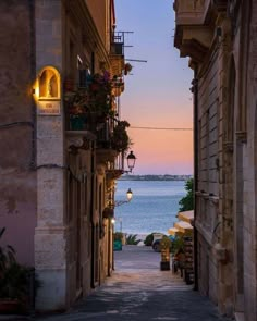 an alley way leading to the ocean at dusk with street lamps and flowers on either side