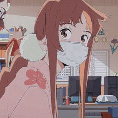 two anime characters wearing face masks in an office setting, one with long hair and the other with brown eyes