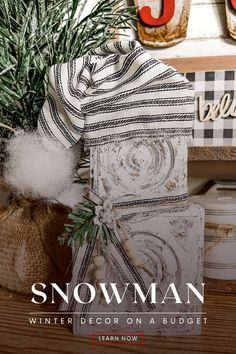 a snowman decoration on a shelf next to a potted plant and other decorations