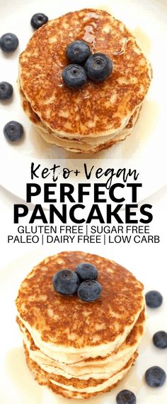 pancakes with blueberries on top and the words keto - vegan perfect pancakes