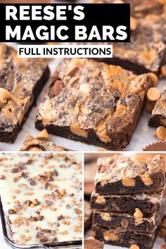 dessert bars with chocolate chips and nuts on top are shown in four different pictures, including one