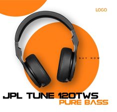 the jpl tune 120tws pure bass headphones are on display in front of an orange circle