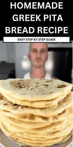 homemade greek pita bread recipe on a plate with a man in the background and text overlay