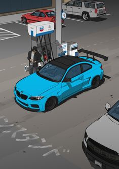 a blue car parked in front of a gas station with two men filling up their cars