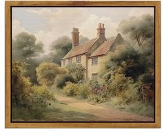 a painting of a house in the middle of a wooded area with trees and bushes