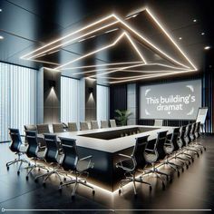 an empty conference room with black chairs and white tables in the center is lit up by led lights