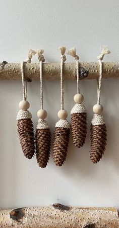 four pine cones hanging from a branch with rope and wood beads attached to the ends