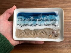 5 7/8 x 3 7/8" This affordable personalized, custom beach ring dish memorial includes footprints in the sand and would be such a nice gift for someone who just lost a loved one. A great tribute to anyone who loved the ocean. I can make these in any color imaginable! Please let me know if you would like a different color than shown in the photos... if you do not tell me otherwise, I will make the colors as close as possible to the photos above. Texture of the wave will also vary, but again, I wil Beach Memorial Ideas, Resin Memorial Ideas With Pictures, In Loving Memory Resin Ideas, Loss Husband, Resin Beach Gifts, Resin Memorial Ideas With Ashes, Beach Sand And Shells Keepsake, Wedding Ocean, Footprints In The Sand