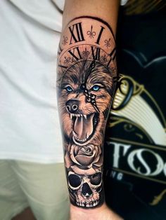 a man with a tattoo on his arm has a clock and a dog's face