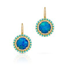 Earrings measures approximately 1/2" in diameter. Please note that our colors may vary slightly due to the nature of one-of-a-kind opal gemstones. SKU ASEY4741 Carat Weight .17ct Diamond || .40ct Turquoise || 2.35ct Opal Metal Type 14KT Yellow Gold Number of Stones 74 Diamonds || 44 Turquoises || 2 Opals Primary Stone Opal Metal Weight 4.40g Turquoise Diamond Earrings, Mens Diamond Jewelry, Accessorize Jewellery, Shiny Rings, Diamond Huggies, Luxury Earrings, Gold Number, Jewelry Accessories Ideas, Opal Earrings