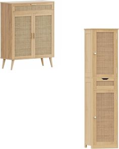 a cabinet with wicker doors next to a tall cabinet with two baskets on it