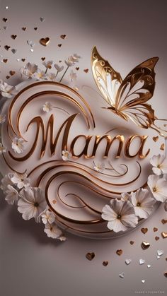 the word mama written in gold and white with butterflies on it, surrounded by confetti