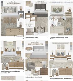 the bedroom furniture and bedding is shown in four different colors, including neutrals