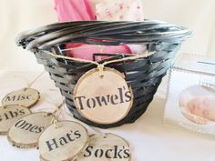 a basket filled with personalized items on top of a table